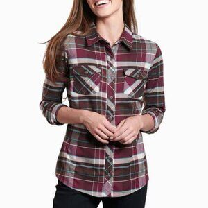 Kuhl Greta flannel button up shirt in coffee plaid stretch Hollowcore outdoor